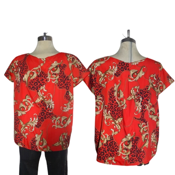 Rafaella Studio Royal Red Leopard Designs Blouse Size L - Picture 4 of 16